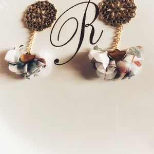White and green Flowered gold Dangly Earrings